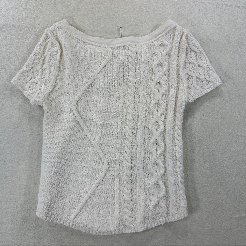 Free People Cream Cable Knit Detail Short Sleeved Sweater Sz S - Picture 6 of 7